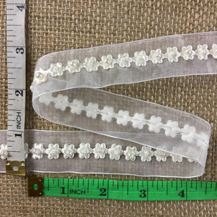Trim Lace Beaded Center 1/2" Wide Punched Daisies on 1" Wide Organza Ribbon, Ivory, Multi-Use Garments Communion Christening Sash Belt Veils Garments Crafts