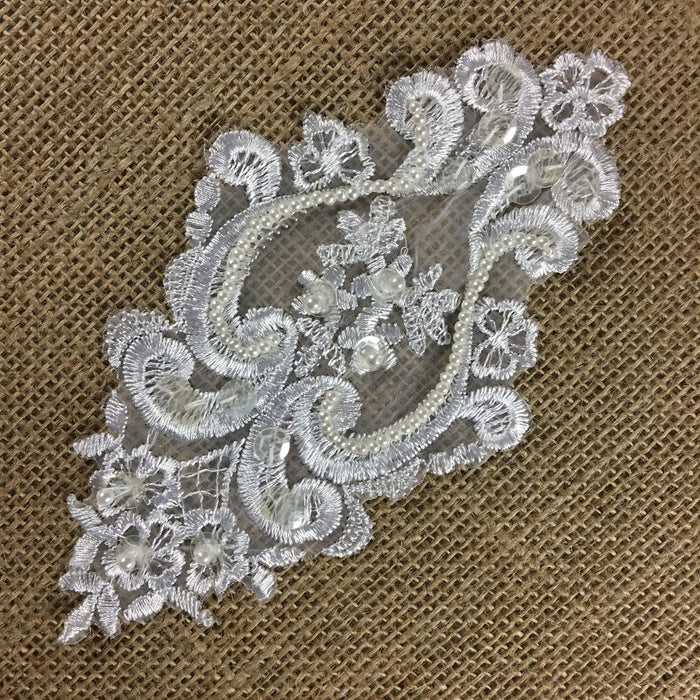 Beaded Applique Lace Oval Piece, 7"x4", White, Multi-Use Garments Communion Christening Baptism Dance Theater Costumes Decoration