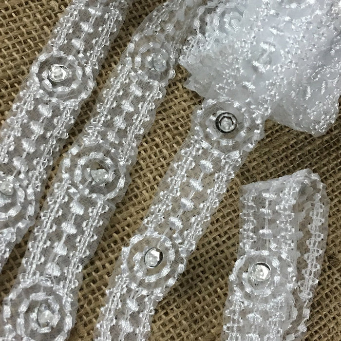 Communion Trim Lace Embroidered & Silver Sequins on Organza, 0.75" Wide, White, for Garment Veil Costume Christening Baptism Communion 