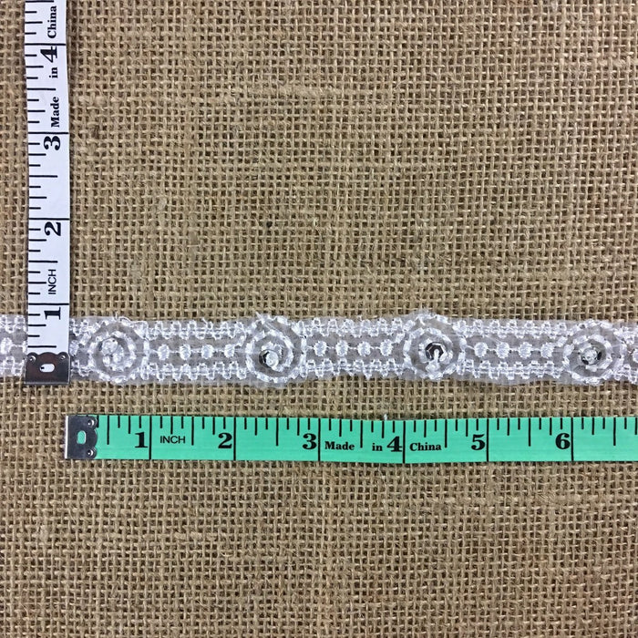 Communion Trim Lace Embroidered & Silver Sequins on Organza, 0.75" Wide, White, for Garment Veil Costume Christening Baptism Communion ⭐