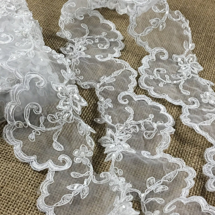 Bridal Veil Lace Trim Corded Beaded Sequined Organza Ground, 3.75" Wide, Choose Color for Garment Communion Christening Baptism