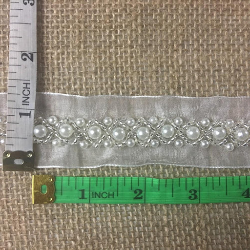 Beaded Belt Trim Lace, 1/2" Wide Beautiful Pearl Bead Pattern on 1.25" Wide Organza Ribbon, Choose Color, Trim By the Yard for Sash Belt Waistband Garments