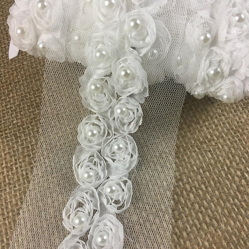 Chiffon Rosettes Sash Trim Lace Gorgeous Fluffy Soft Chiffon Flowers Pear bead in Center, 1" Wide on 3" Wide Mesh, White. By the Yard for Sash Belt Waistband Garments Decorations Crafts