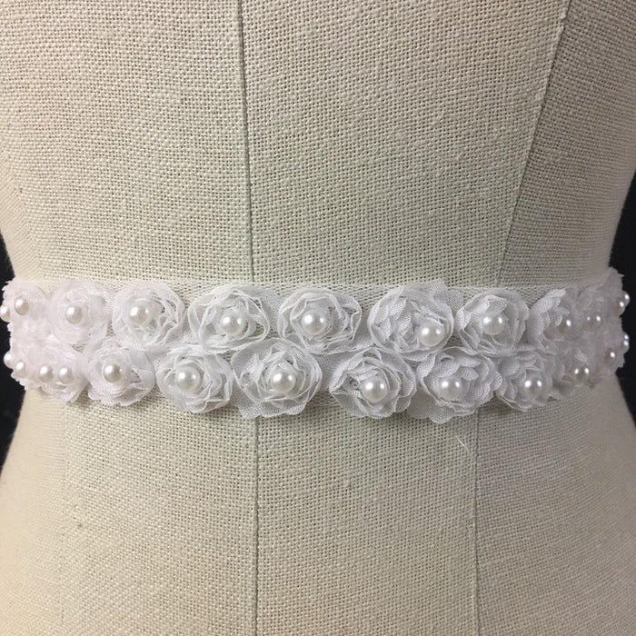 Chiffon Rosettes Sash Trim Lace Gorgeous Fluffy Soft Chiffon Flowers Pear bead in Center, 1" Wide on 3" Wide Mesh, White. By the Yard for Sash Belt Waistband Garments Decorations Crafts