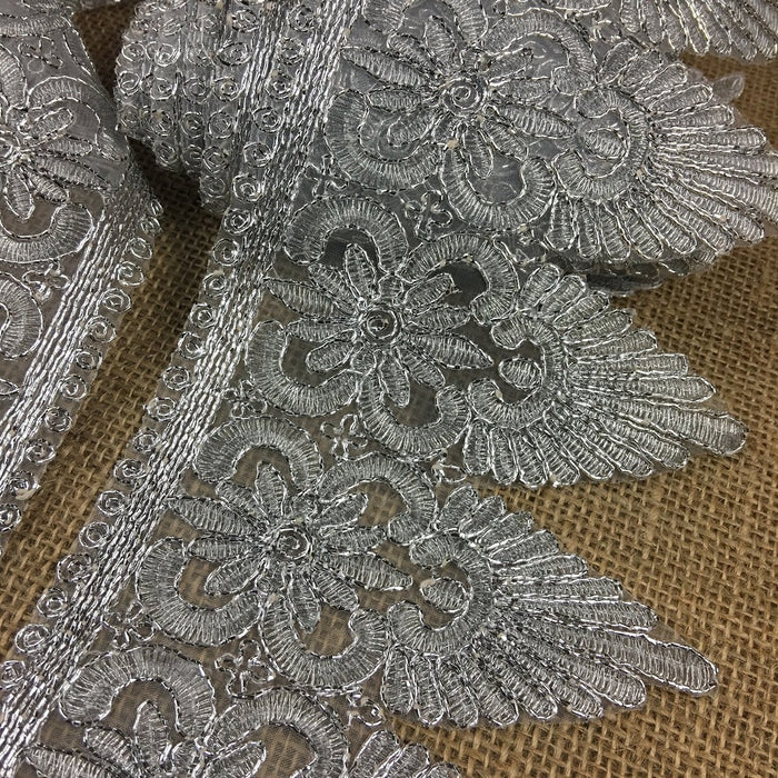 Metallic Gold/Silver Trim Lace Corded Embroidered, 5" Wide, for Garment Gown Veil Bridal Costume Decoration Altar Table Runner ⭐