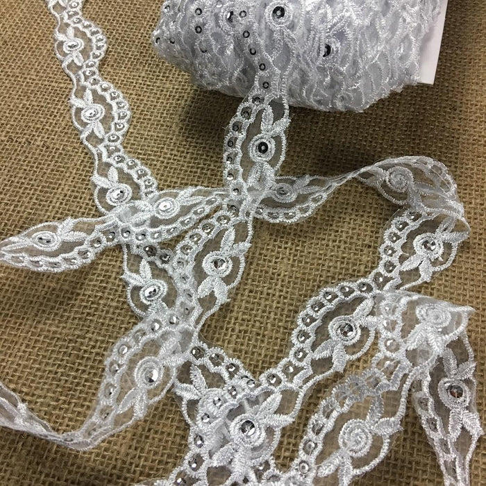 Bridal Trim Lace Embroidered & Silver Sequins Organza Ground, 1.25" Wide, White, for Bridal Veil Communion Christening Baptism Dress Cape ⭐