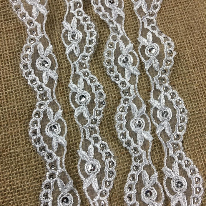 Bridal Trim Lace Embroidered & Silver Sequins Organza Ground, 1.25" Wide, White, for Bridal Veil Communion Christening Baptism Dress Cape