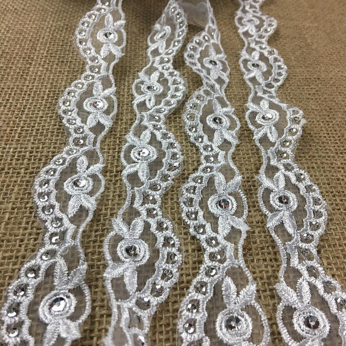Bridal Trim Lace Embroidered & Silver Sequins Organza Ground, 1.25" Wide, White, for Bridal Veil Communion Christening Baptism Dress Cape