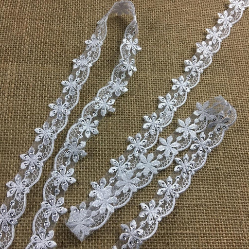 Bridal Trim Lace Embroidered & Silver Sequins Organza Ground, 1" Wide, White, for Bridal Veil Communion Christening Baptism Dress Cape