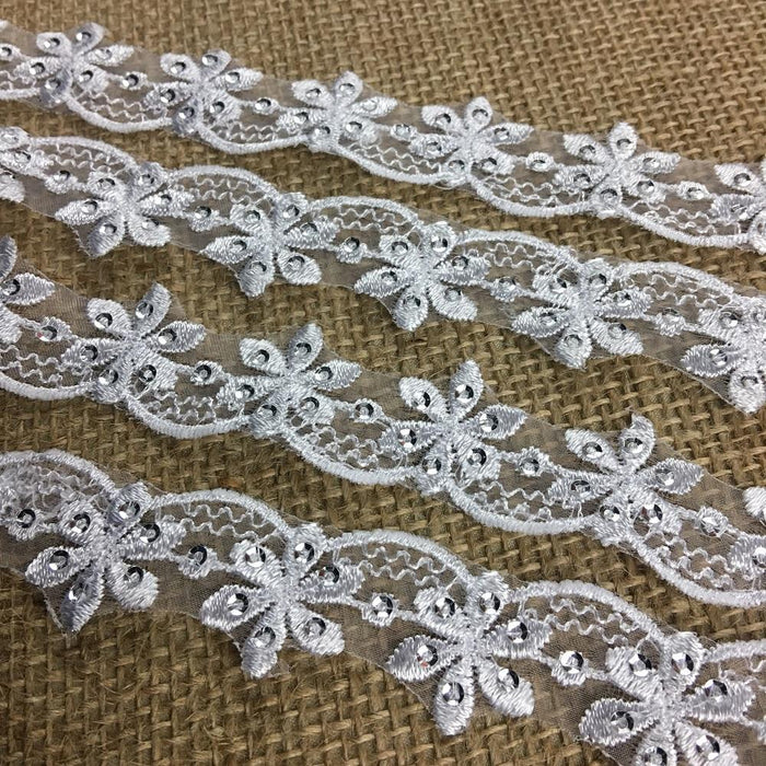 Bridal Trim Lace Embroidered & Silver Sequins Organza Ground, 1" Wide, White, for Bridal Veil Communion Christening Baptism Dress Cape