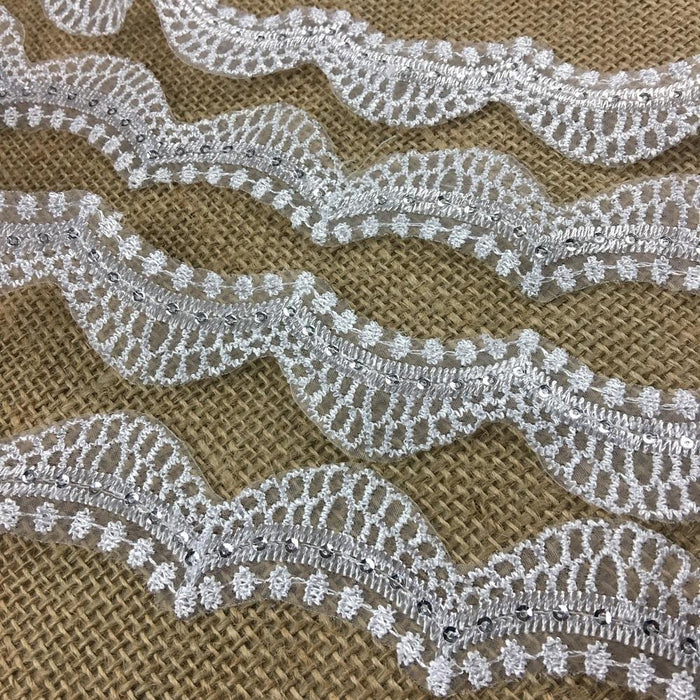 Bridal Trim Lace Embroidered & Silver Sequins Organza Ground, 1.5" Wide, White, for Bridal Veil Communion Christening Baptism Dress Cape