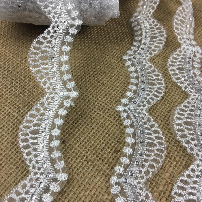 Bridal Trim Lace Embroidered & Silver Sequins Organza Ground, 1.5" Wide, White, for Bridal Veil Communion Christening Baptism Dress Cape