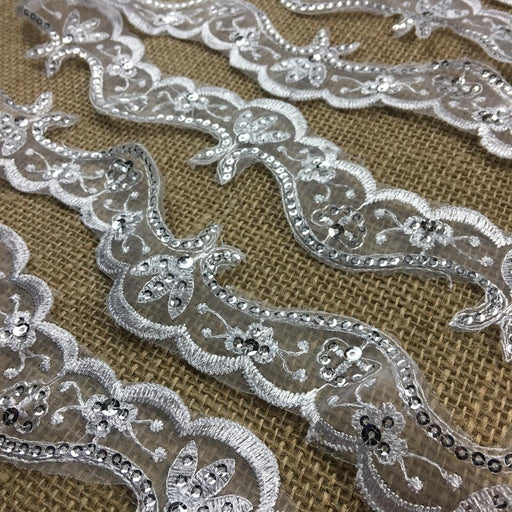 Bridal Trim Lace & Silver Sequins Royal Wave design, 2" Wide, White, for Bridal Veil Communion Christening Baptism Dress Cape