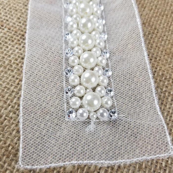 Pearl Sash Beads Rhinestones Applique Belt Lace Trim, 1"x10" on Double Mesh ground for Sash Belt Waistband Garments Bridal Flower Girl Decoration