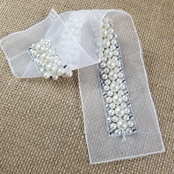 Pearl Sash Beads Rhinestones Applique Bridal Belt Lace Trim, Beaded part is 1"x10" on Double Mesh ground for Sash Belt Waistband Garments Bridal Flower Girl Decoration ⭐
