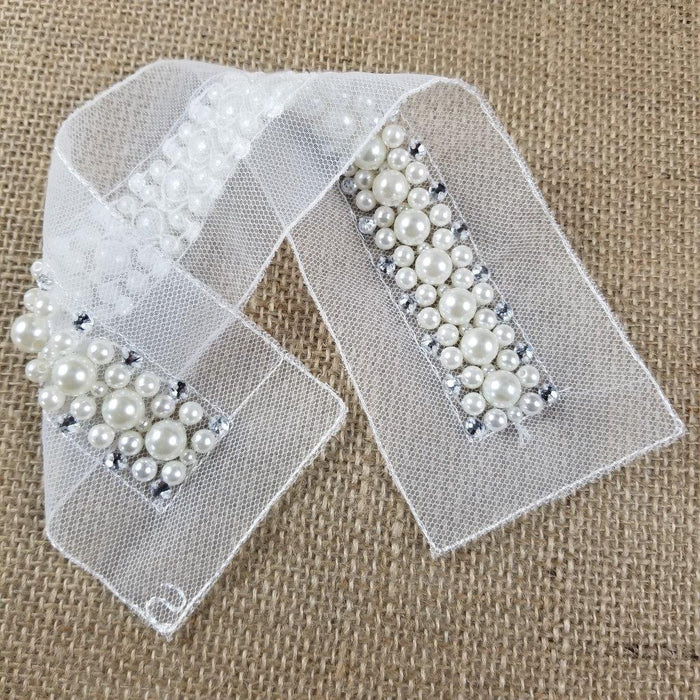 Pearl Sash Beads Rhinestones Applique Belt Lace Trim, 1"x10" on Double Mesh ground for Sash Belt Waistband Garments Bridal Flower Girl Decoration ⭐