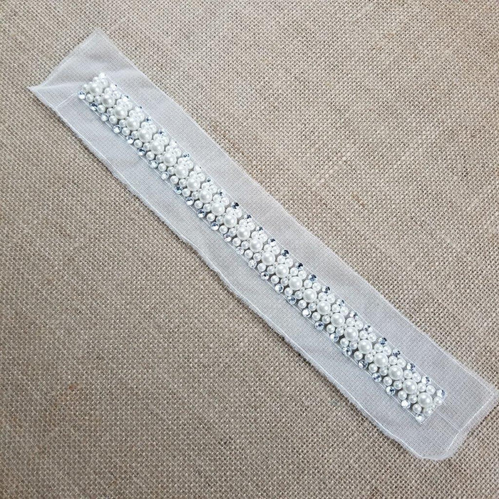 Pearl Sash Beads Rhinestones Applique Belt Lace Trim, Beaded part is 1"x13.5" on Double Mesh ground for Sash Belt Waistband Garments Bridal Flower Girl Decoration ⭐