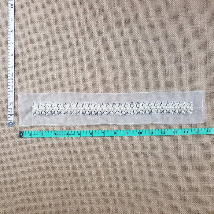 Pearl Sash Beads Rhinestones Applique Belt Lace Trim, Beaded part is 1"x13.5" on Double Mesh ground for Sash Belt Waistband Garments Bridal Flower Girl Decoration ⭐
