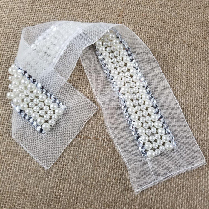 Pearl Sash Beads Rhinestones Applique Belt Lace Trim,  Usable Beaded part is 1"x13.5" & 1"x13" on Double Mesh ground for Sash Belt Waistband Garments Bridal Flower Girl Decoration ⭐