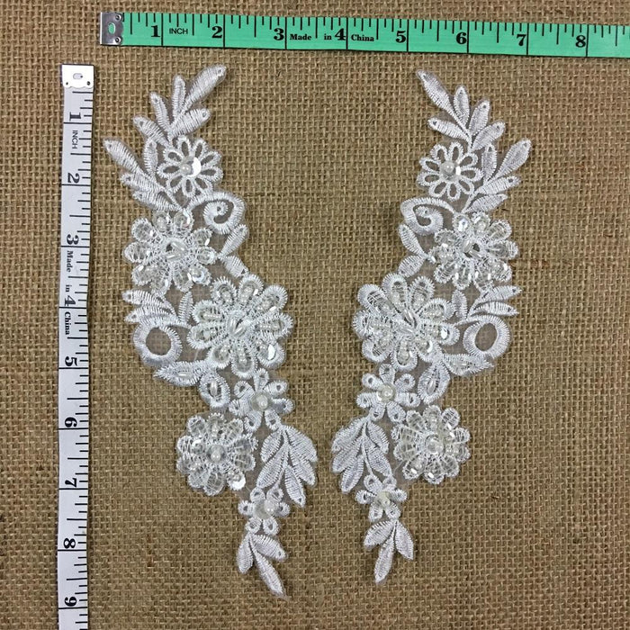 Beaded Applique Pair Floral Daisy Embroidered Organza Beaded & Sequined, 8.5" long, White, for Garment Costume Communion Christening Baptism 
