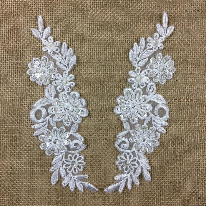 Beaded Applique Pair Floral Daisy Embroidered Organza Beaded & Sequined, 8.5" long, White, for Garment Costume Communion Christening Baptism