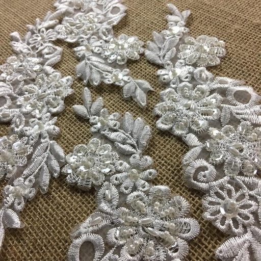 Beaded Applique Pair Floral Daisy Embroidered Organza Beaded & Sequined, 8.5" long, White, for Garment Costume Communion Christening Baptism 