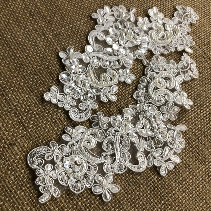 Bridal Applique Pair Lace Hand Beaded Corded Sequined Embroidered, 8.5"x7" Multi-Use Garment Bridal Dresses Decorations Arts Craft Dance Theater