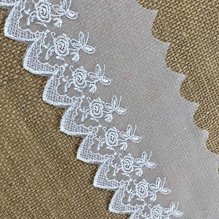 Embroidered Mesh Trim Lace Scalloped Border, 2.25"-4" Wide, Multi-Use Garment Gown Veil Costume Slip Extender, DIY Sewing, Decoration Curtain