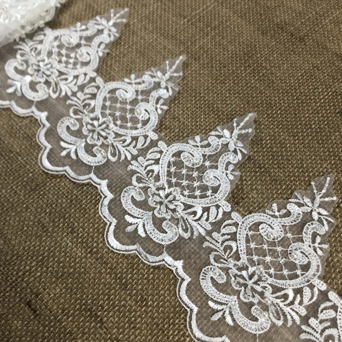 Beaded Trim Lace Classic Scalloped Embroidered Sheer Organza, 6.5" Wide, Cut both Borders,  Multi-Use Bridal Veils Garments Gowns Theater Costume