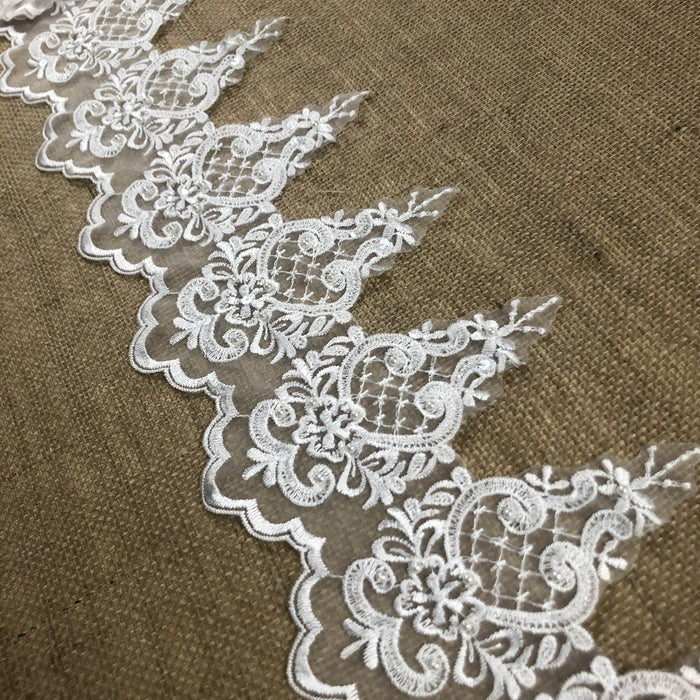 Beaded Trim Lace Classic Scalloped Embroidered Sheer Organza, 6.5" Wide, Cut both Borders,  Multi-Use Bridal Veils Garments Gowns Theater Costume