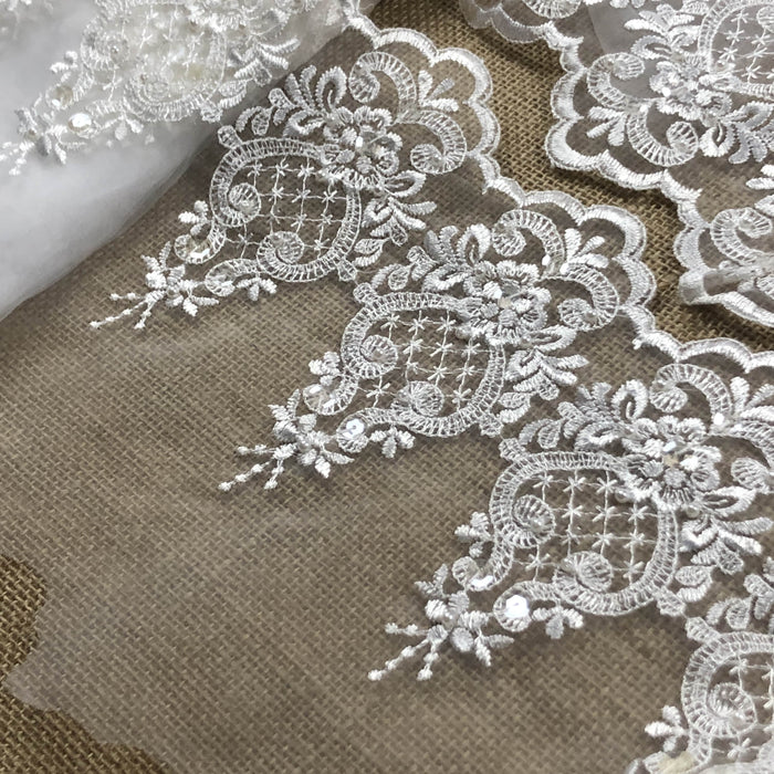 Beaded Trim Lace Classic Scalloped Embroidered Sheer Organza, 6"-9" Wide, Multi-Use Bridal Veil Dress Gowns Decoration Theater Costume