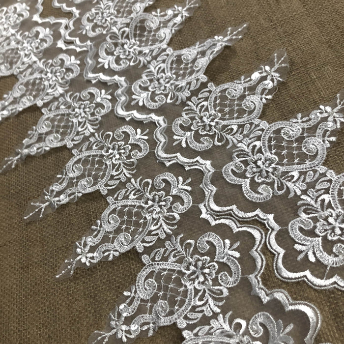 Beaded Trim Lace Classic Scalloped Embroidered Sheer Organza, 6"-9" Wide, Multi-Use Bridal Veil Dress Gowns Decoration Theater Costume