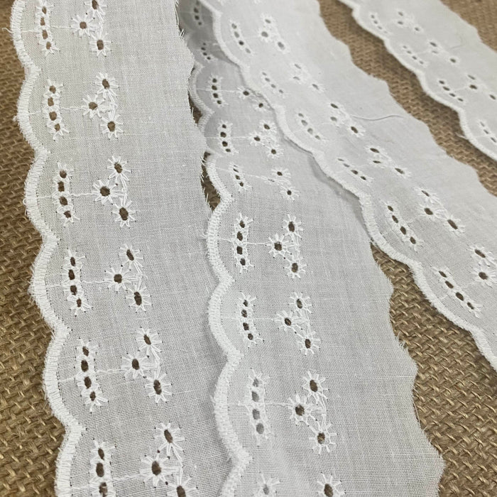 Eyelet Lace Trim Embroidered Cotton 2" Wide Happy Face Design Scalloped Edge. SKU B1495N1