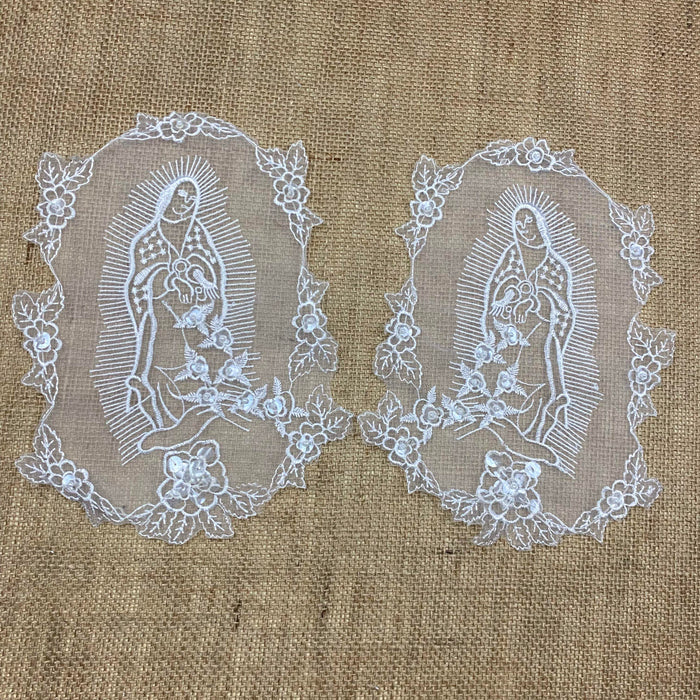 Blessed Virgin Mary Madonna Mother Mary, Lady of Guadalupe, Beads and Sequins, Left & Right Mirror Image Pair Total 9"x13" Soft White Color Perfect for Communion Christening Baptism