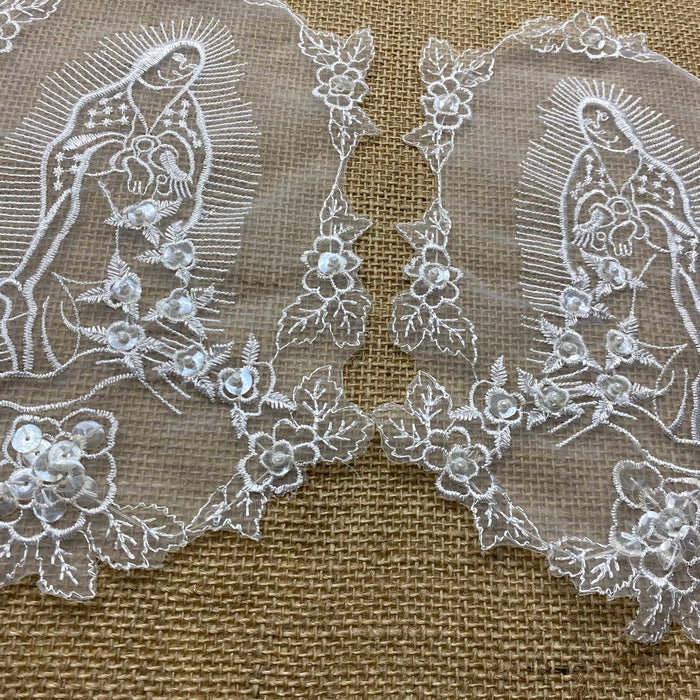 Blessed Virgin Mary Madonna Mother Mary, Lady of Guadalupe, Beads and Sequins, Left & Right Mirror Image Pair Total 9"x13" Soft White Color Perfect for Communion Christening Baptism