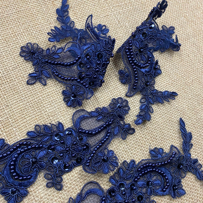 Beaded Corded Applique Pair Embroidered Organza Hand Beaded Sequined Mirror Image, 8"x6" Navy Color for Garments Evening-wear Costumes