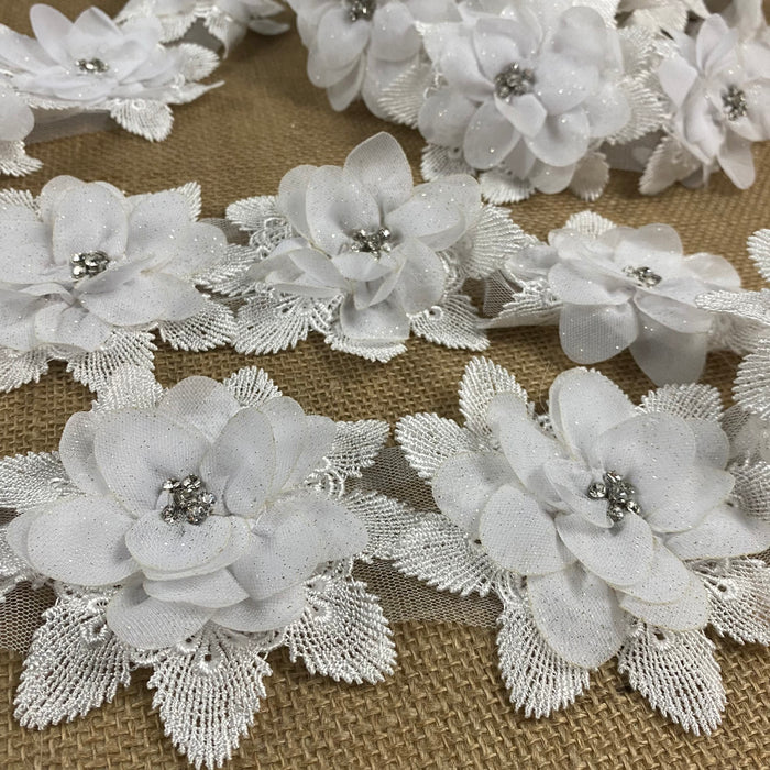 3D Flower Gorgeous by yard or use by piece, 4" Wide Combination Venise Fabric Rhinestone Trim Lace SKU B1692B2
