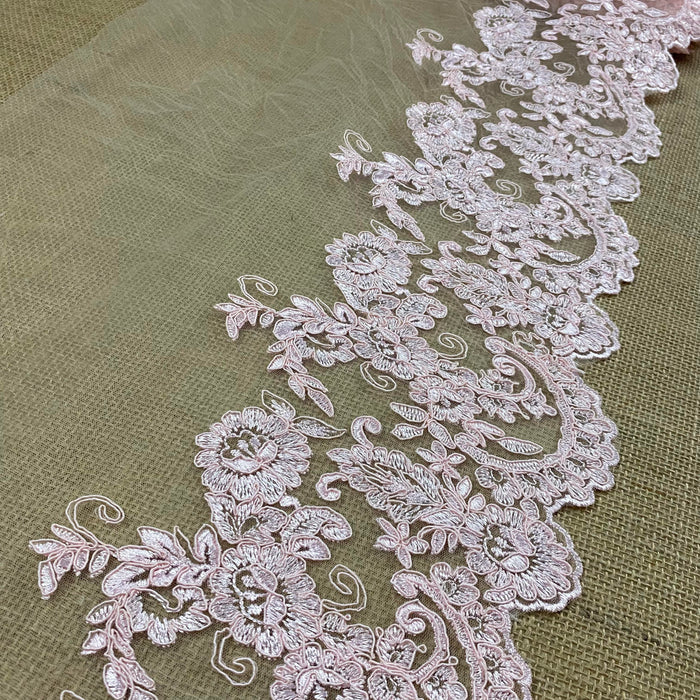 Mesh Trim Lace Scalloped Border Embroidered Corded Rose Party, 7"-13" Wide, Pink, Garment Veil Costume Slip Extender Decoration
