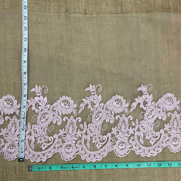 Mesh Trim Lace Scalloped Border Embroidered Corded Rose Party, 7"-13" Wide, Pink, Garment Veil Costume Slip Extender Decoration