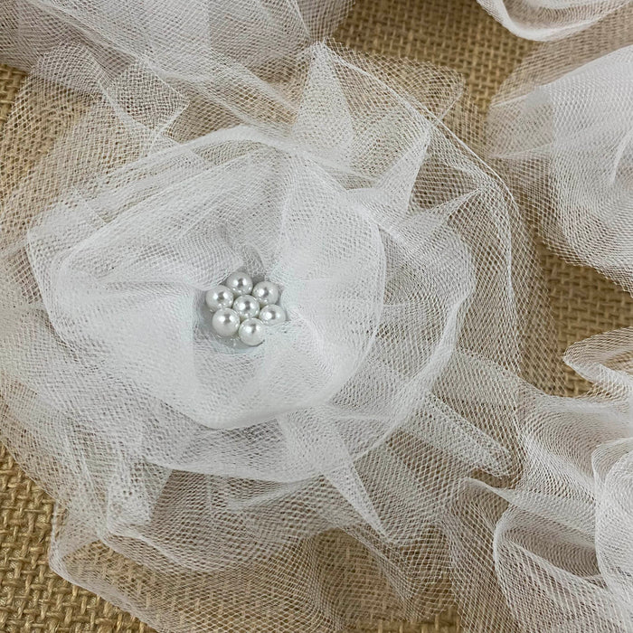 Artificial Flower 3D Puff Tulle Net White 5" Wide Pearl Center with Pin for Dress Hat Decoration and More