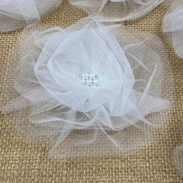 Artificial Flower 3D Puff Tulle Net White 5" Wide Pearl Center with Pin for Dress Hat Decoration and More