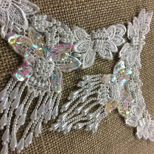Beaded Applique Piece Lace 11 Hanging Beads Strings Fringe Dangling, 6"x6", Choose Color, for Garment Costume Communion Christening Baptism DIY Sewing