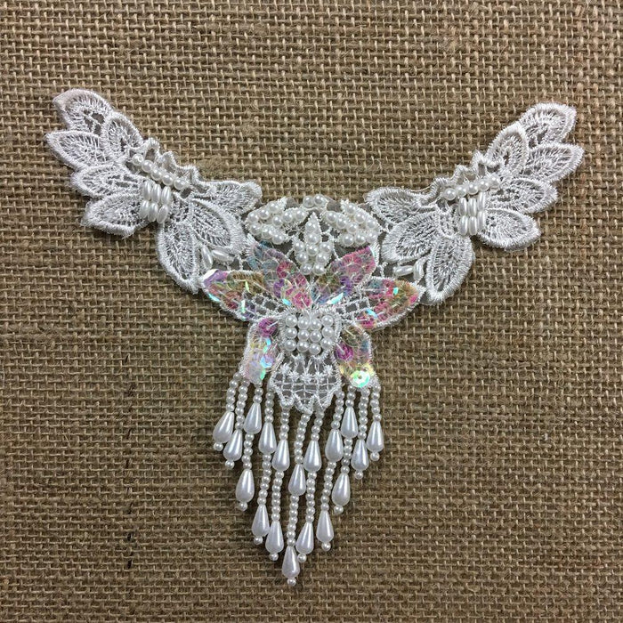 Beaded Applique Piece Lace 11 Hanging Beads Strings Fringe Dangling, 6"x6", Choose Color, for Garment Costume Communion Christening Baptism DIY Sewing