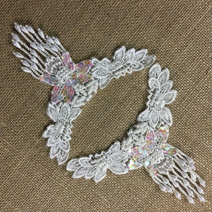 Beaded Applique Piece Lace 11 Hanging Beads Strings Fringe Dangling, 6"x6", for Garment Costume Communion Christening Baptism DIY Sewing ⭐