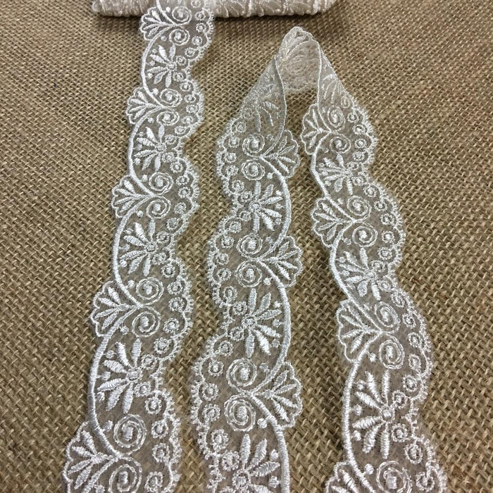 Lace Trim Embroidered Organza Royal Fan, 1.5" Wide, Ivory, for Garments Gowns Veils Bridal Communion Costume Decoration Invitations DIY Sewing