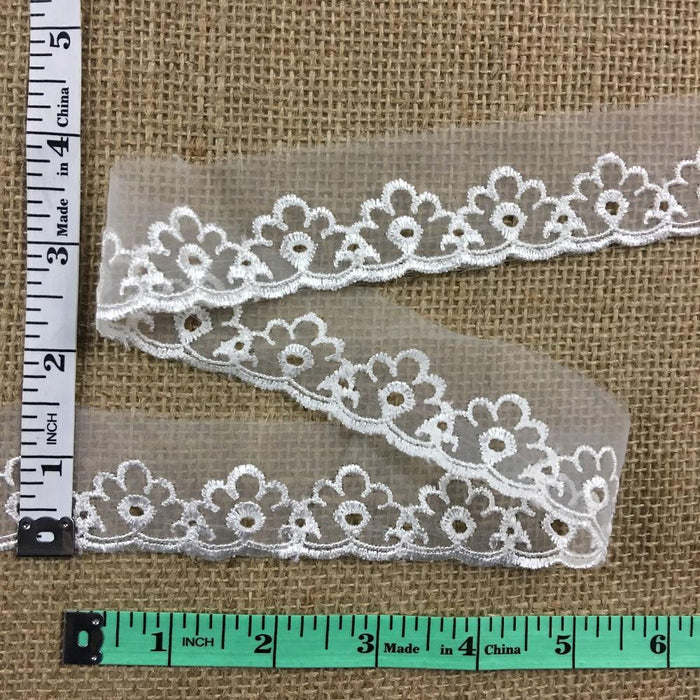Lace Trim Embroidered Organza Eyelet Design, 1" Wide, Open Top Organze, Ivory, for Garments Gowns Veils Bridal Communion Costume Decoration