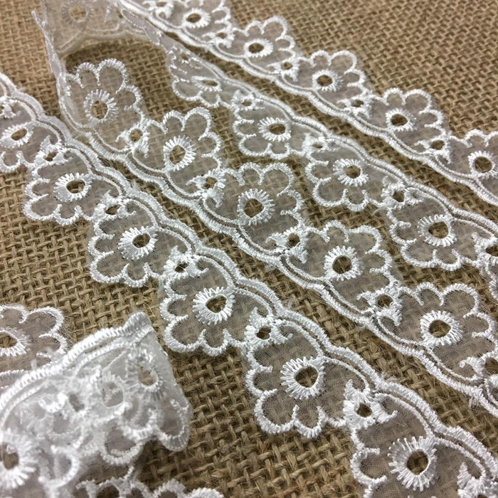 Lace Trim Embroidered Organza Eyelet Design, 1" Wide, Choose Color, for Garments Gowns Veils Bridal Communion Costume Decoration Invitations