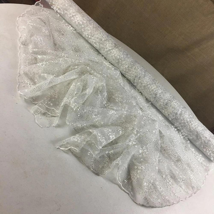 Organza Fabric Embroidered Full Allover with Stardust Silver Glitter Scalloped Borders, 52" Wide, Choose Color. Multi-Use Garments Communion Tables