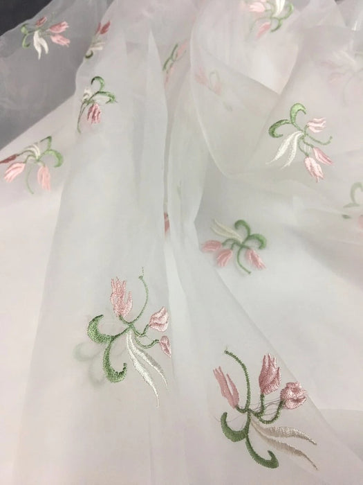Embroidered Organza Fabric Tulips Design Double Border, 52" Wide, Pink/Green/Ivory, Garment Table Backdrop ⭐