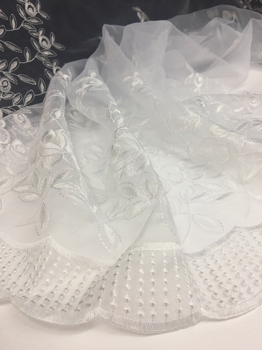 Embroidered Organza Fabric Marching Roses Design Double Border, 52" Wide, White, Garment Table Backdrop ⭐